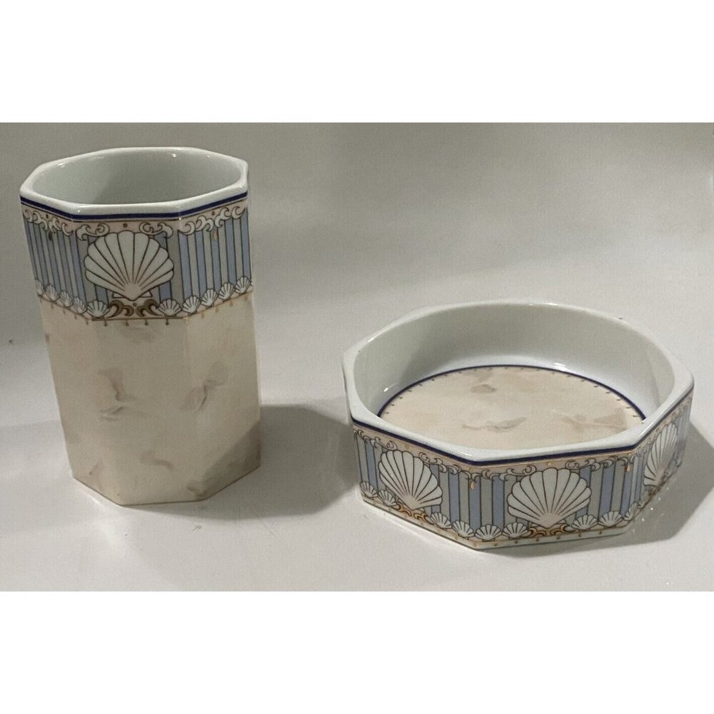 VINTAGE ANDRE RICHARD ST. TROPEZ PORCELAIN BATHROOM Tumbler and Soap DIsh